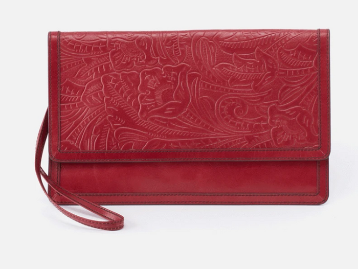 Crest Clutch Wristlet, Embossed Logan Berry