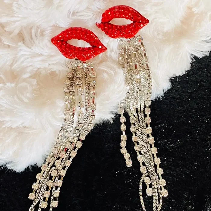 Women’s Long delicious Red Lips Silver Rhinestone Chain Earrings
