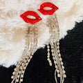 Women’s Long delicious Red Lips Silver Rhinestone Chain Earrings