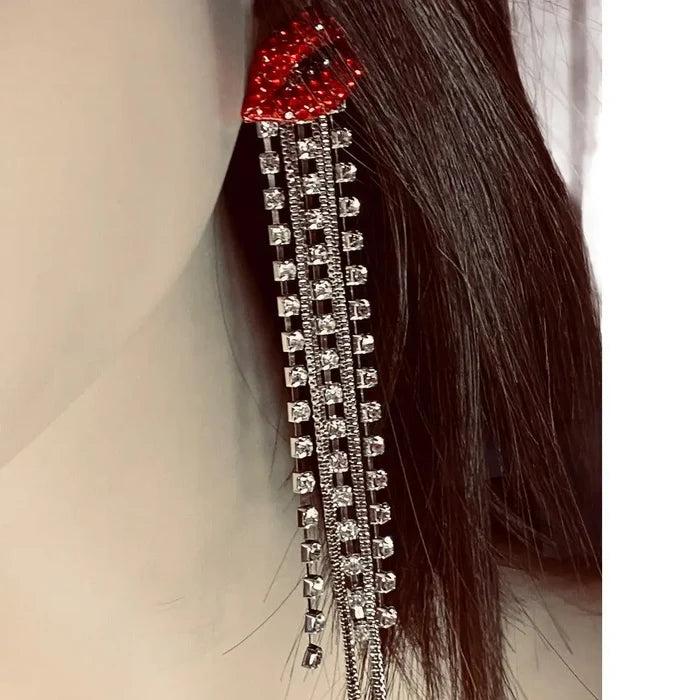 Women’s Long delicious Red Lips Silver Rhinestone Chain Earrings