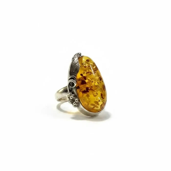 Women's Custom Sterling Silver Amber Ring with pear-shaped Baltic amber and grapevine leaf setting / 7