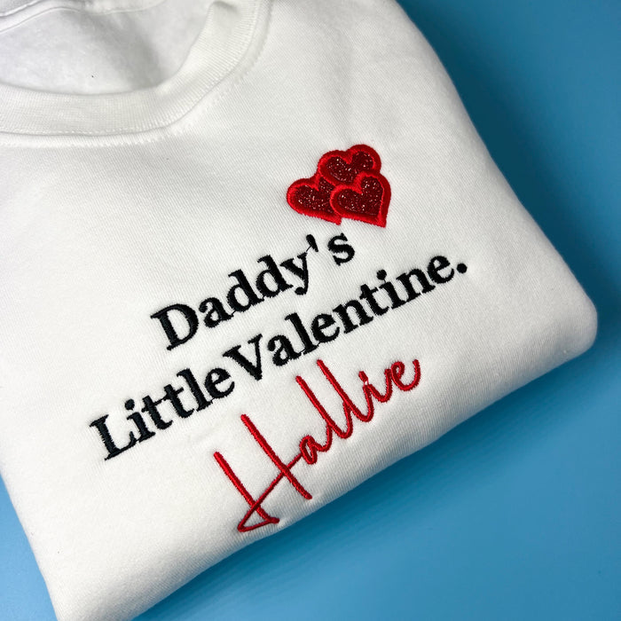 White jumper with ‘daddy’s little Valentine’ embroidery with glitter heart. Little valentine sweatshirt