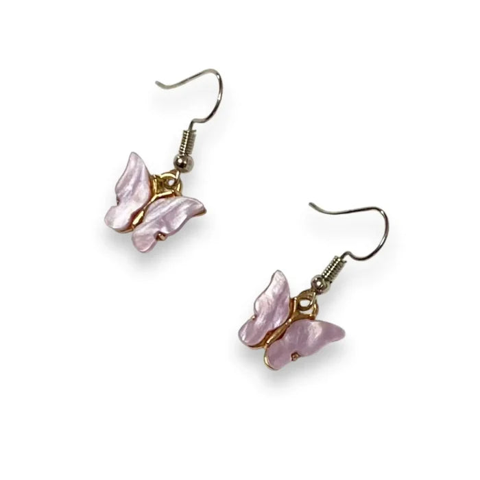 Dainty Charm Butterfly Earrings with iridescent shell-look wings and coquette style purple silver