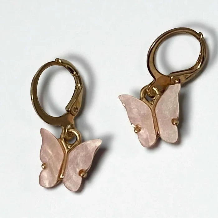 Dainty Charm Butterfly Earrings with iridescent shell-look wings and coquette style pink gold