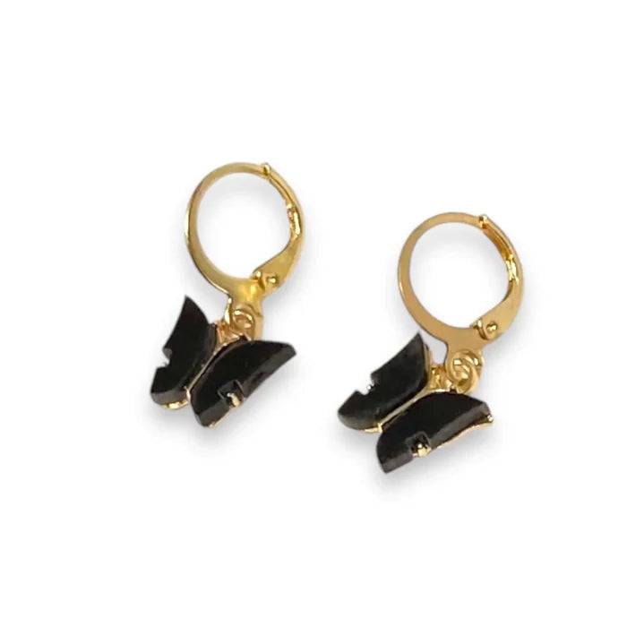 Dainty Charm Butterfly Earrings with iridescent shell-look wings and coquette style black gold