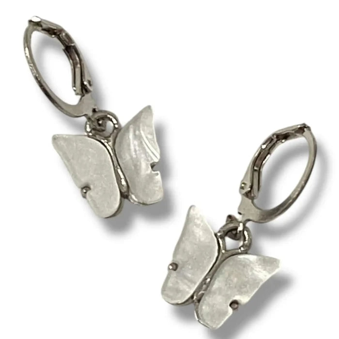 Dainty Charm Butterfly Earrings with iridescent shell-look wings and coquette style white silver