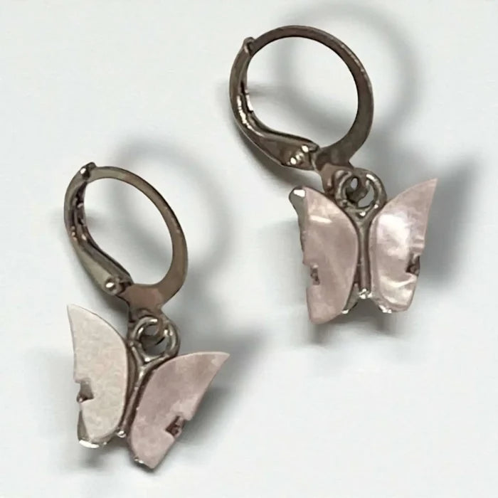 Dainty Charm Butterfly Earrings with iridescent shell-look wings and coquette style pink silver