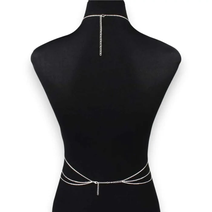 Dainty Pearl Layered Waist & Belly Chain Jewelry worn with a black crop top and skirt, showcasing feminine style and elegance.