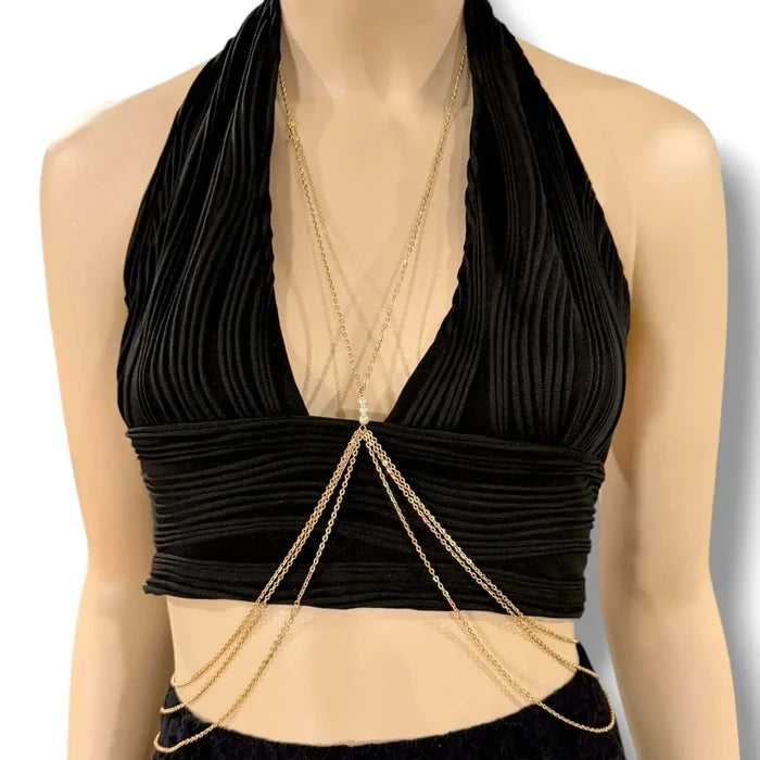 Dainty Pearl Layered Waist & Belly Chain Jewelry worn with a black crop top and skirt, showcasing feminine style and elegance.