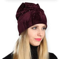Damson red winter velvet beanie with gold stud front detail double lined skullcap fit and subtle cat ear ridge