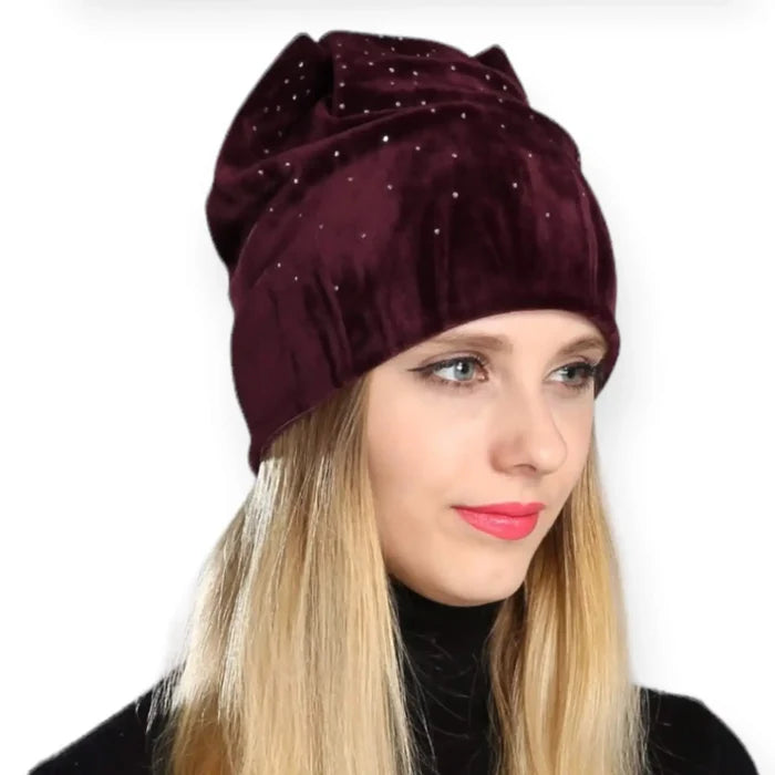 Damson red winter velvet beanie with gold stud front detail double lined skullcap fit and subtle cat ear ridge