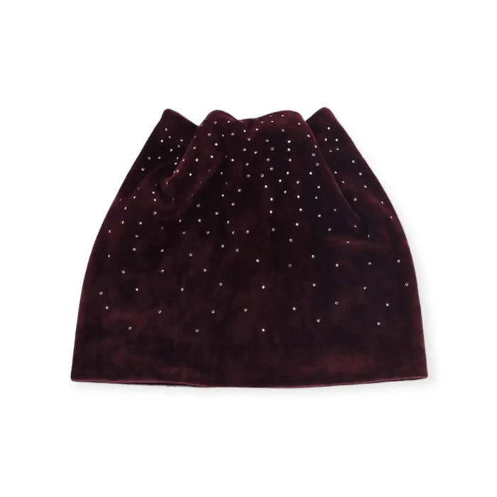 Damson red winter velvet beanie with gold stud front detail double lined skullcap fit and subtle cat ear ridge