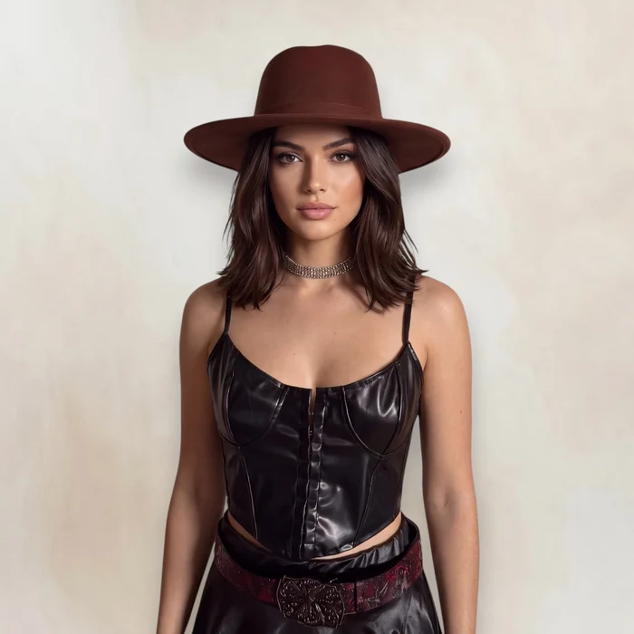 woman wearing Dark Brown Extra Wide Brim Fedora Hat / unisex / one size