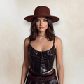 woman wearing Dark Brown Extra Wide Brim Fedora Hat / unisex / one size