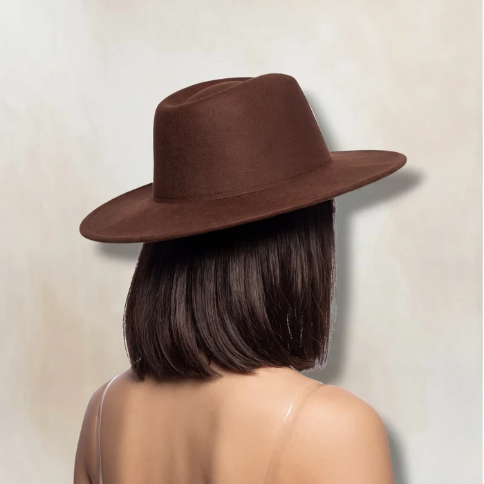 back view woman wearing Dark Brown Extra Wide Brim Fedora Hat / one size / unisex