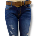 Women's Dark Brown Floral Brass Buckle Belt model wearing with jeans white background