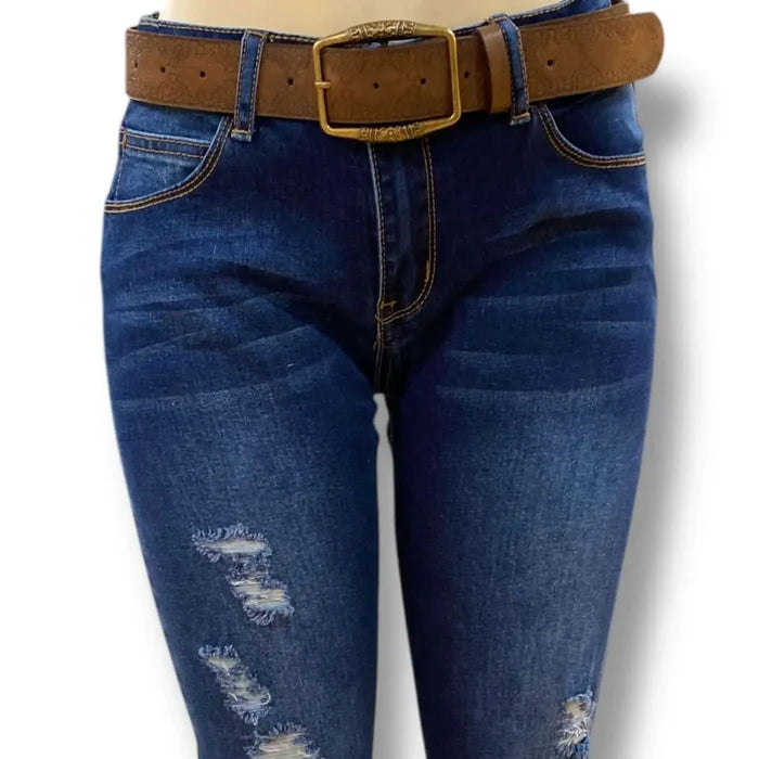 Women's Dark Brown Floral Brass Buckle Belt model wearing with jeans white background