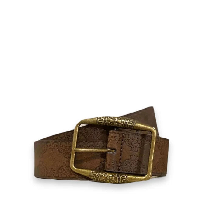 Women's Dark Brown Floral Brass Buckle Belt  the brass buckle rolled up on white background