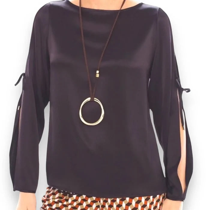 Dark Chocolate Brown Tie Sleeve Blouse