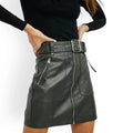 Dark Green Faux Leather Mini Skirt high waist front zipper, wide grommet belt, and zip pockets, women’s size large