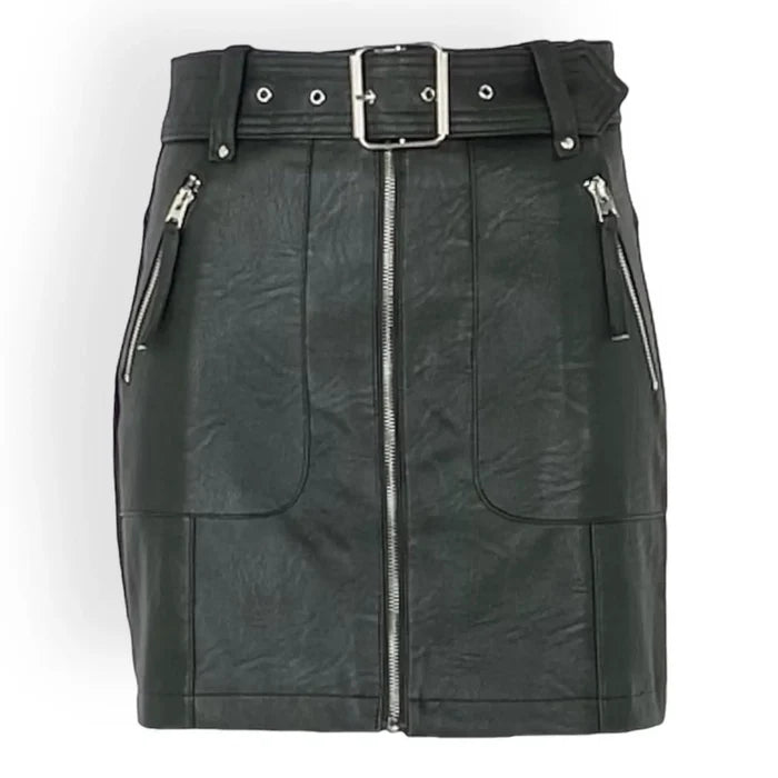 Dark Green Faux Leather Mini Skirt high waist front zipper, wide grommet belt, and zip pockets, women’s size large