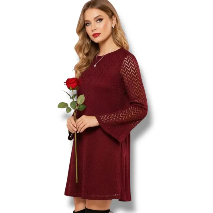 Dark Red Chevron Bell Sleeve Mini Dress with semi-sheer long bell sleeves, chevron lace overlay, A-line mini length, and back keyhole button