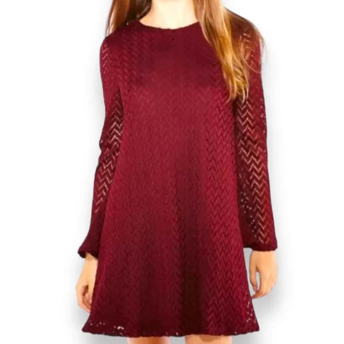 Dark Red Chevron Bell Sleeve Mini Dress with semi-sheer long bell sleeves, chevron lace overlay, A-line mini length, and back keyhole button