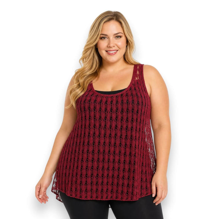 Women's Dark Red Round Neck Razor Back Diamond Mesh Overlay Tank Top - Plus Size 2XL