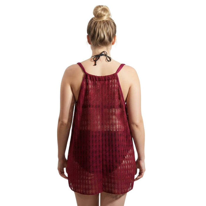 woman back view as cover up Dark Red Round Neck Razor Back Diamond Mesh Overlay Tank Top - Plus Size 2XL