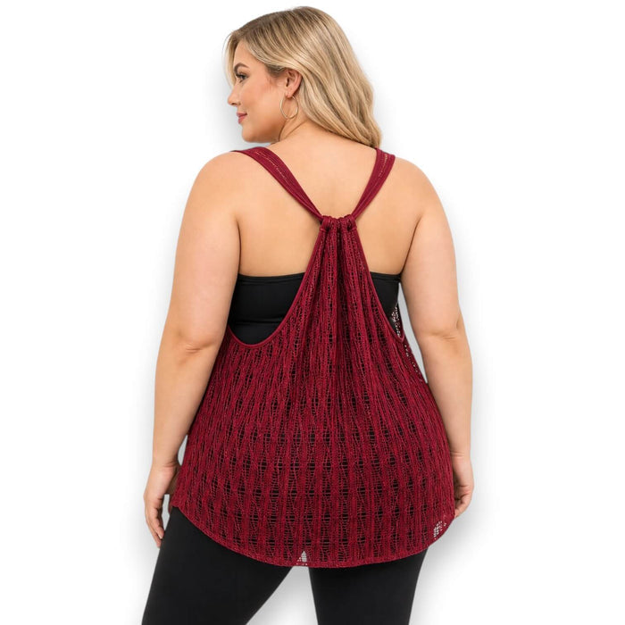 woman back view as cover up Dark Red Round Neck Razor Back Diamond Mesh Overlay Tank Top - Plus Size 2XL