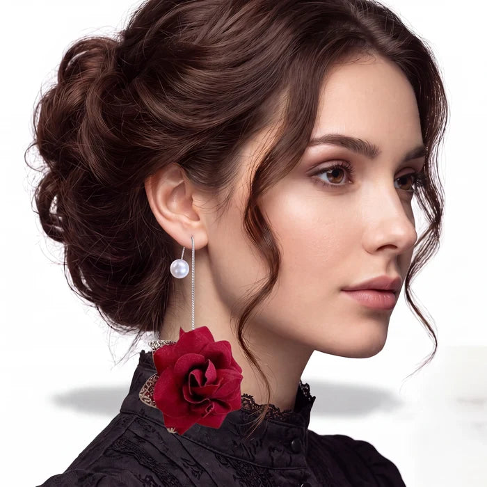 woman wearing Dark Red Velvet Rose Pearl Statement Earrings with silver chain threaders and gothic style