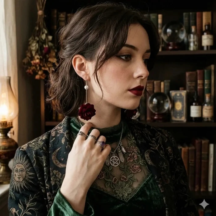 whimsigoth Dark Red Velvet Rose Pearl Statement Earrings with silver chain threaders and gothic style