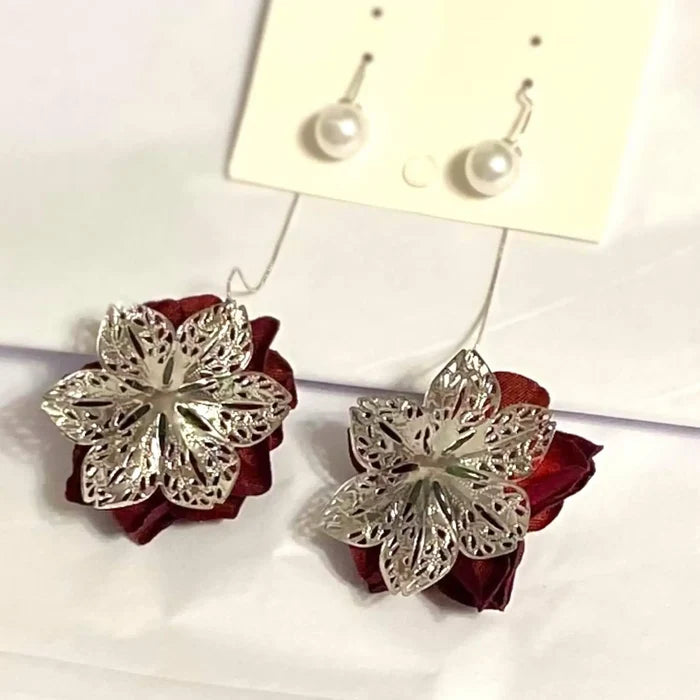 back side Dark Red Velvet Rose Pearl Statement Earrings with silver chain threaders and gothic style