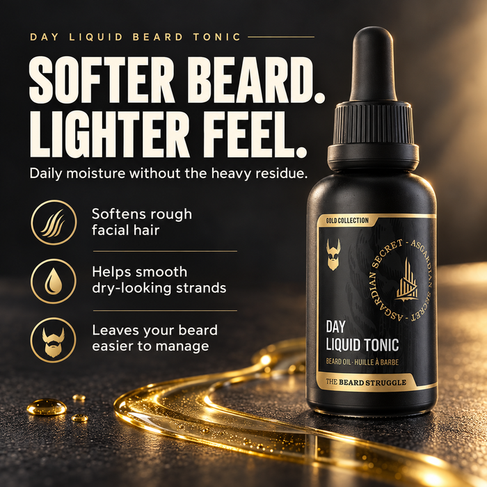 Day Liquid Beard Tonic Asgardian Secret bottle beside a ribbon of golden beard oil, headline Softer Beard Lighter Feel, daily moisture without the heavy residue