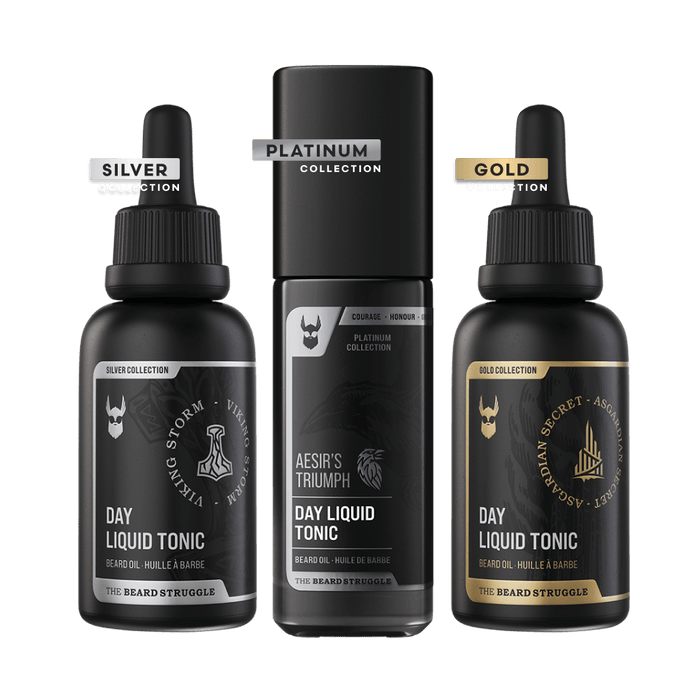 Day Liquid Beard Tonic beard oil in Silver, Platinum and Gold Collection bottles: Viking Storm, Aesir's Triumph and Asgardian Secret. The Beard Struggle