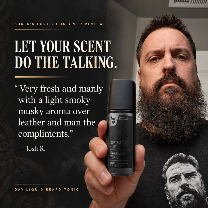 Customer review of Day Liquid Beard Tonic in Surtr's Fury from Josh R. holding the bottle, headline Let Your Scent Do the Talking