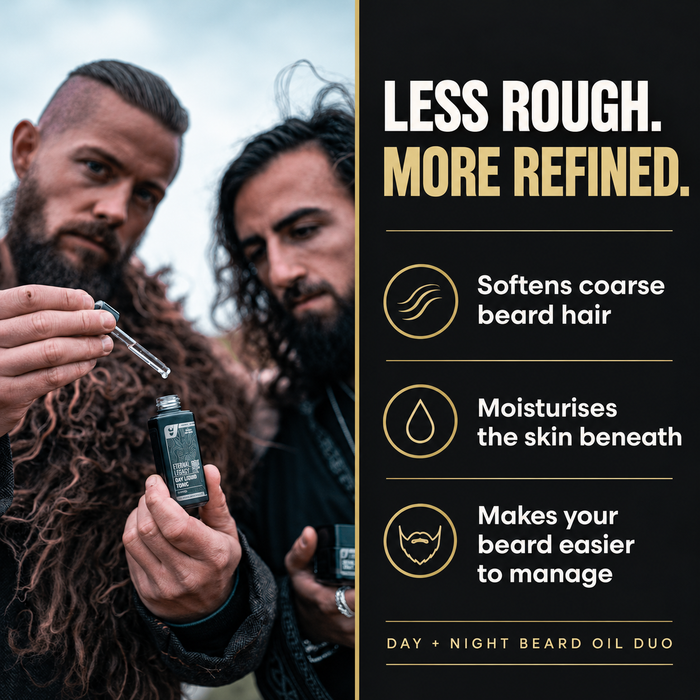 Two bearded men outdoors in fur cloaks applying Day Liquid Tonic and Night Liquid Elixir beard oil, headline Less Rough More Refined, softens coarse beard hair, moisturises the skin beneath
