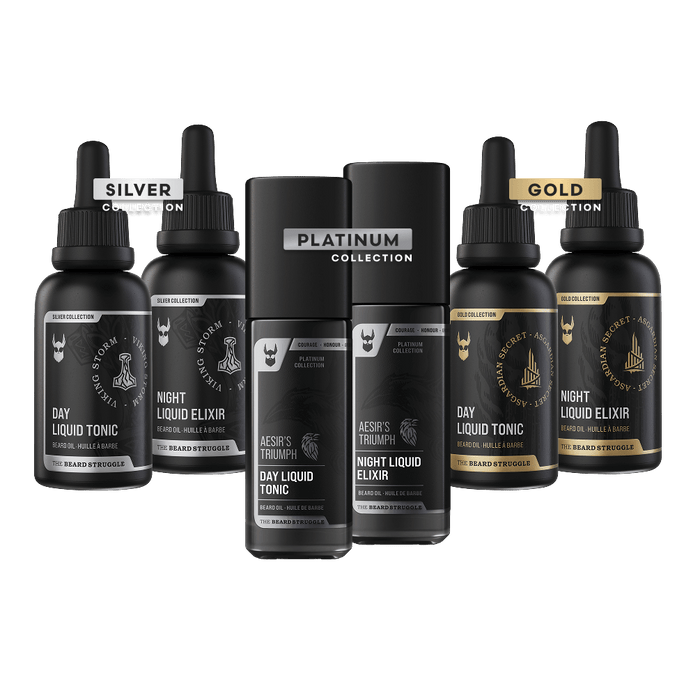 Tonic + Elixir Beard Oil Bundle in Silver, Platinum and Gold Collection: Viking Storm, Aesir's Triumph and Asgardian Secret Day Tonic and Night Elixir bottles. The Beard Struggle