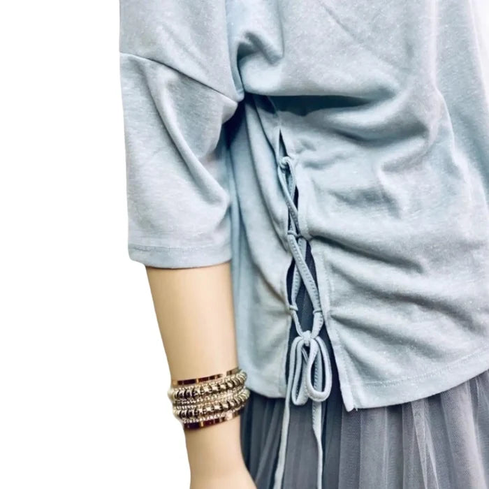 Women's Baby Blue Scoop Neckline Laced Sides Oversized Top (Wide) - Small or Medium - Wild Time Fashion