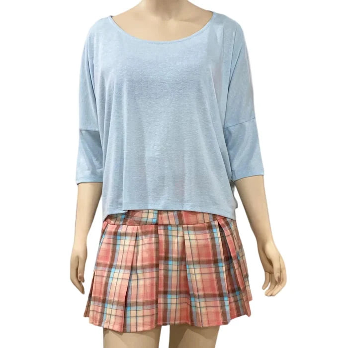Women's Baby Blue Scoop Neckline Laced Sides Oversized Top (Wide) - Small or Medium - Wild Time Fashion