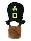 Deluxe Green Leprechaun Irish Shamrock Velvet Hat With Ginger Beard Set - thefancydress.co.uk