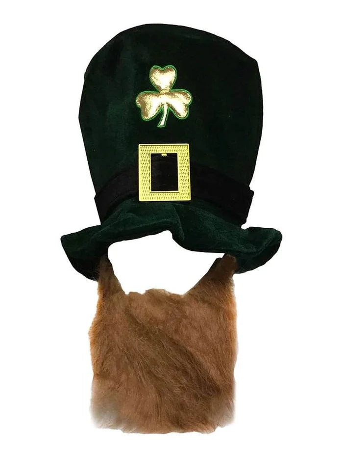 Deluxe Green Leprechaun Irish Shamrock Velvet Hat With Ginger Beard Set - thefancydress.co.uk