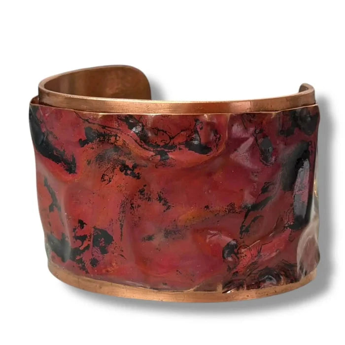 Desert Embers Red Fire Torched Shingle Copper Cuff with riveted recycled shingle and hammered raw copper