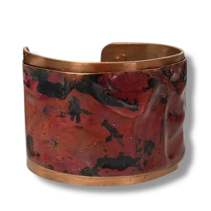 Desert Embers Red Fire Torched Shingle Copper Cuff with riveted recycled shingle and hammered raw copper