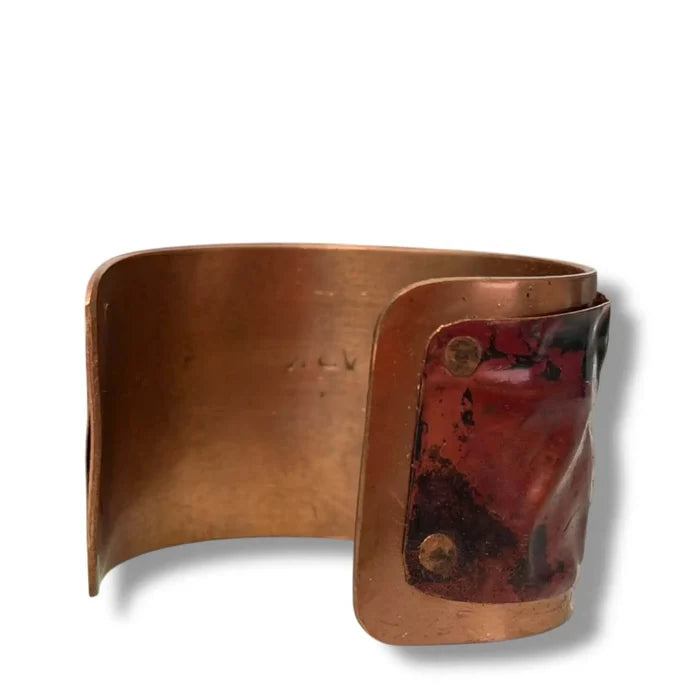 Desert Embers Red Fire Torched Shingle Copper Cuff with riveted recycled shingle and hammered raw copper