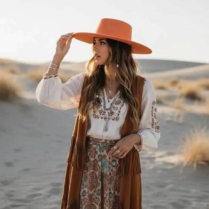 Desert Orange Wide Brim Suede Rancher Hat with flat top crown and faux suede finish M/L