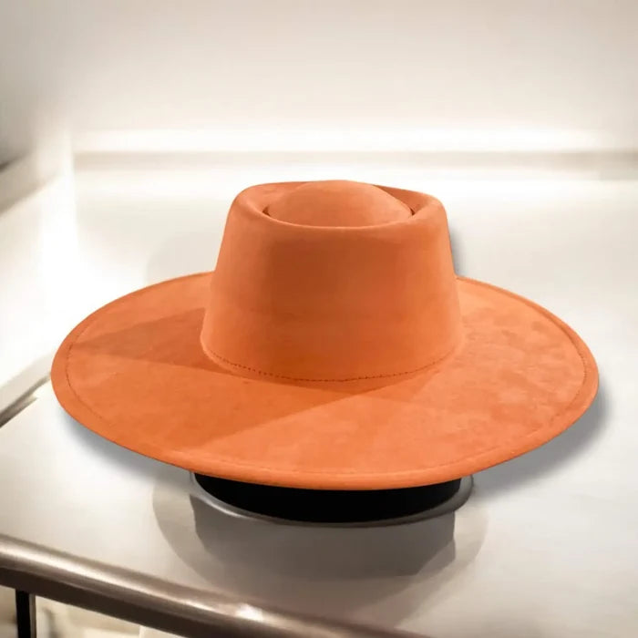 Desert Orange Wide Brim Suede Rancher Hat with flat top crown and faux suede finish M/L