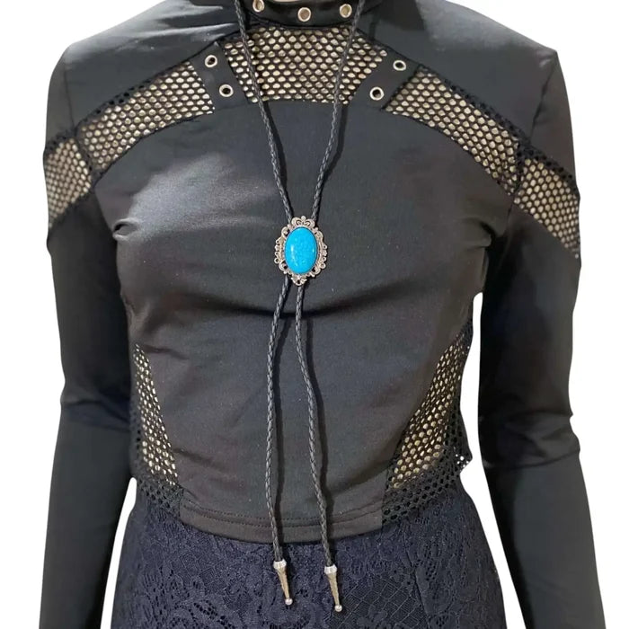 Desert Rebel Oval Faux Turquoise Bolo Tie - Black/Silver / One size / Faux Turquoise Bolo Tie - Bolo Ties