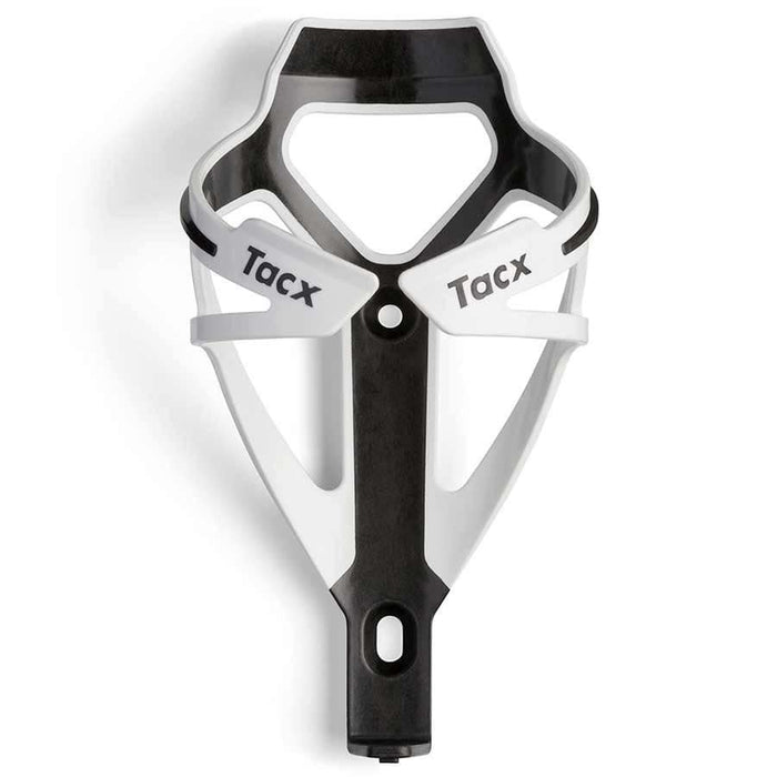 Black and white Tacx bike bottle holder on a white background