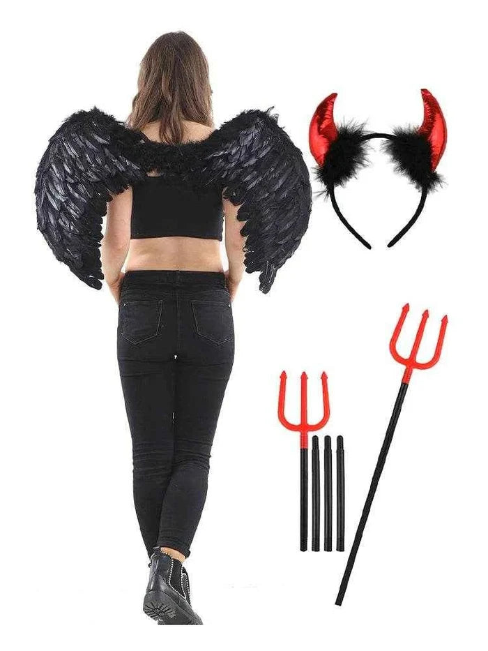 Devil's Horn & Black Angel Wings 3-Piece Costume Set